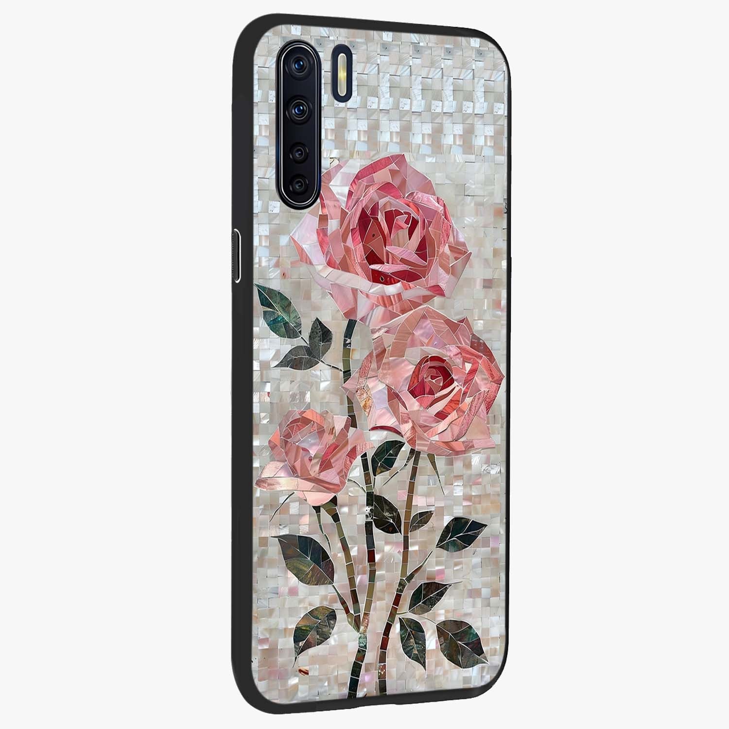 Blush Mosaic Bloom Glass Case upright view showcasing decorative floral mosaic artwork with stylish modern aesthetic.