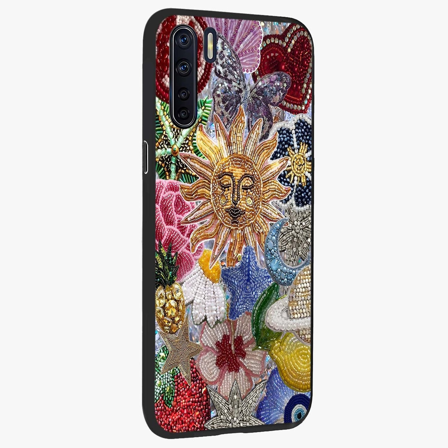 Celestial Floral and Playful Glass Case upright view showcasing whimsical floral artwork with cosmic aesthetic theme.