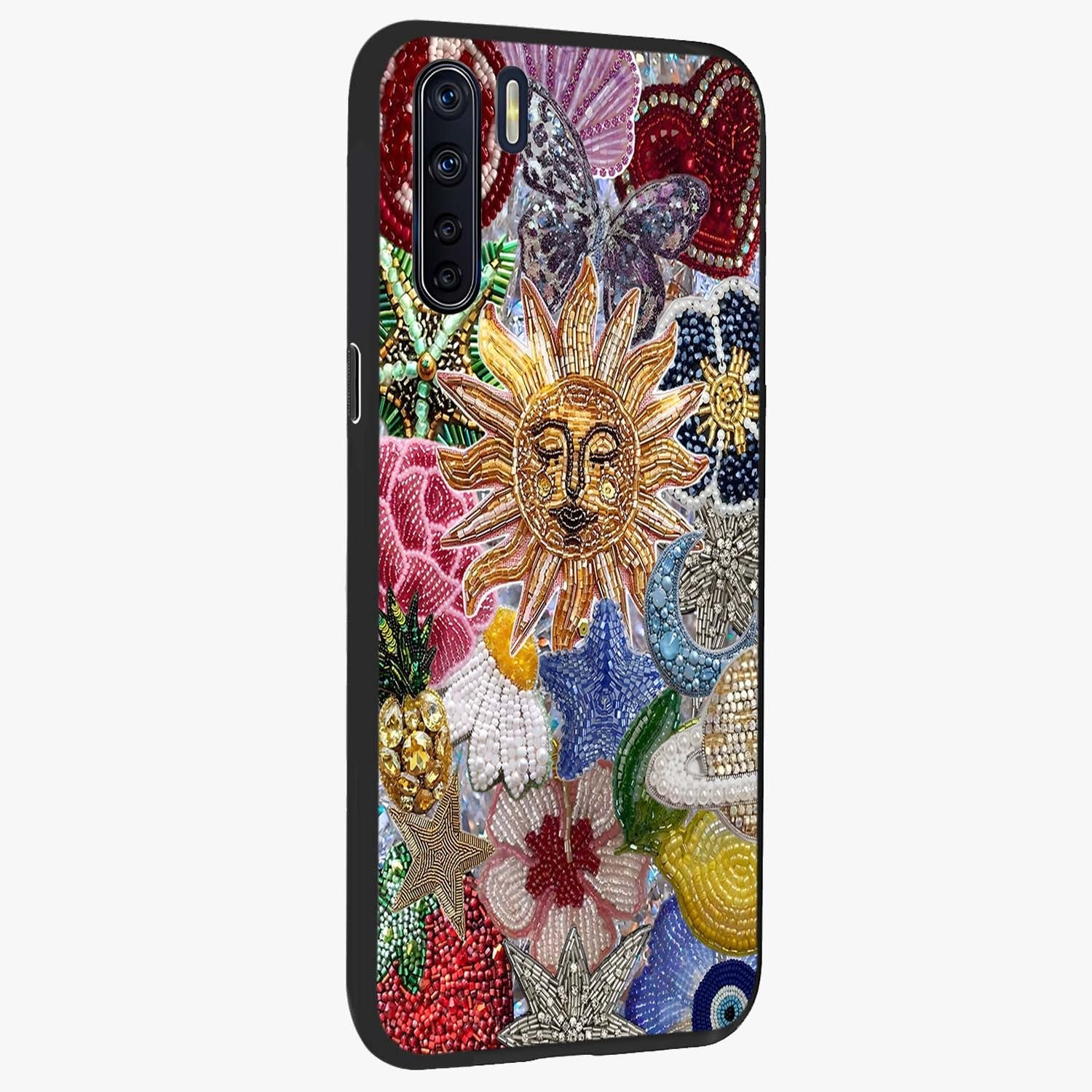 Celestial Floral and Playful Glass Case upright view showcasing whimsical floral artwork with cosmic aesthetic theme.