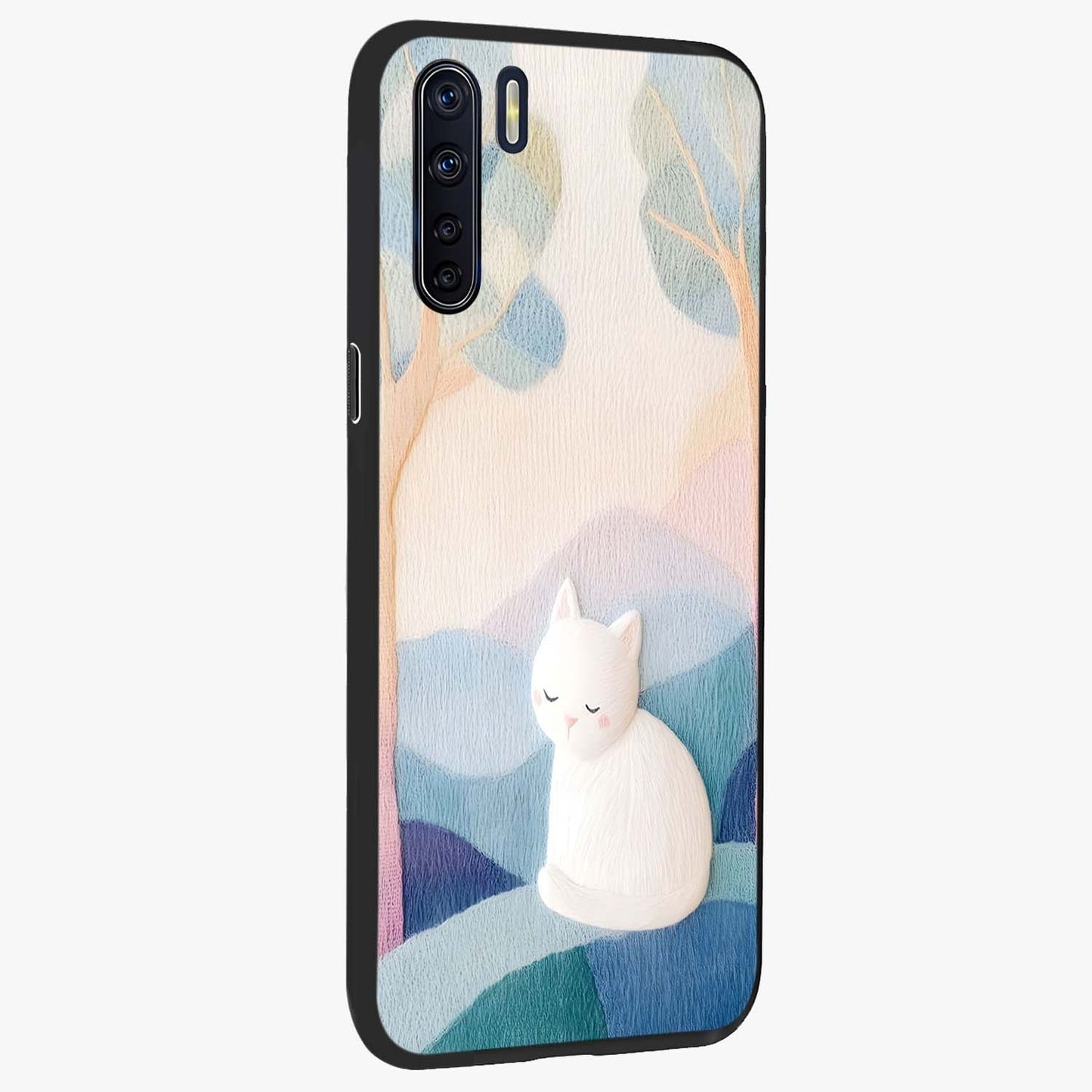 Cotton Dream Cat Glass Case upright view showcasing charming cat artwork with cozy dreamy theme.