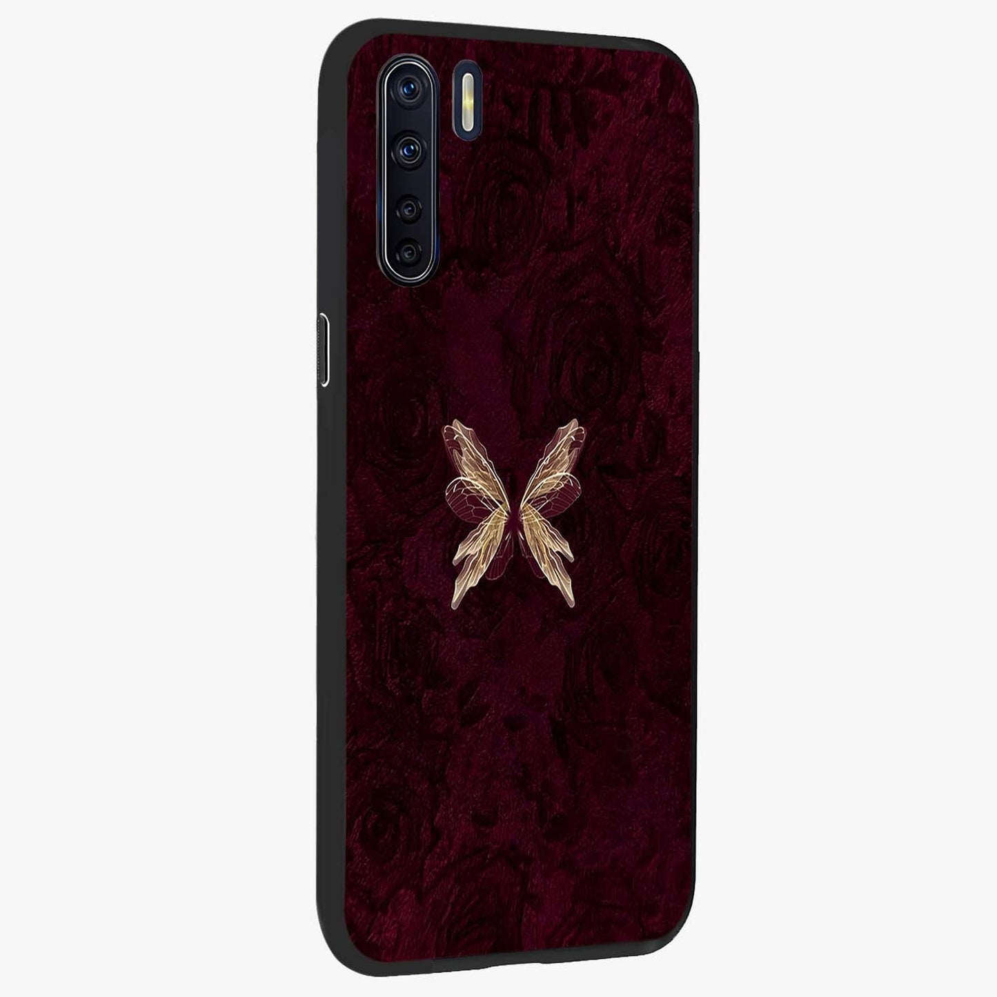 Crimson Fade Butterfly Glass Case upright view showcasing graceful butterfly artwork with soft crimson fade effect.