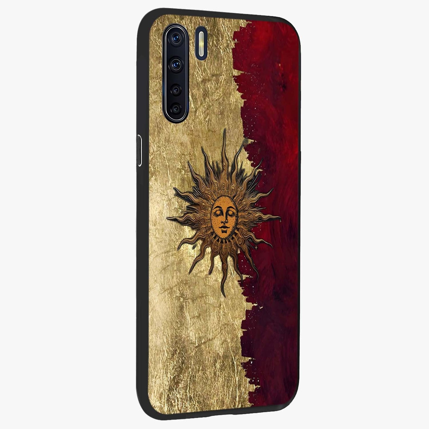 Crimson Sun Majesty Glass Case upright view showcasing vibrant sun artwork with powerful celestial theme.
