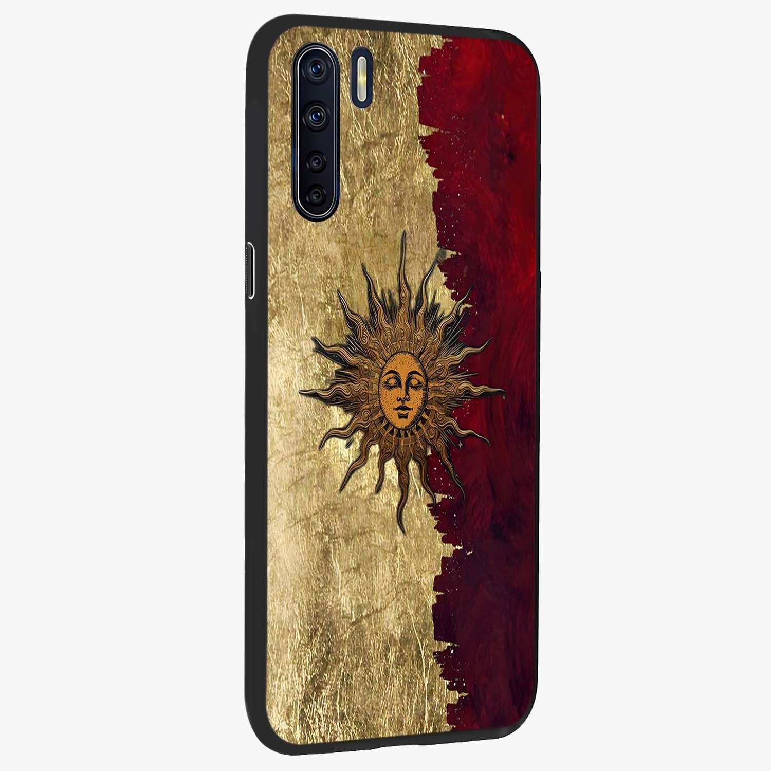 Crimson Sun Majesty Glass Case upright view showcasing vibrant sun artwork with powerful celestial theme.