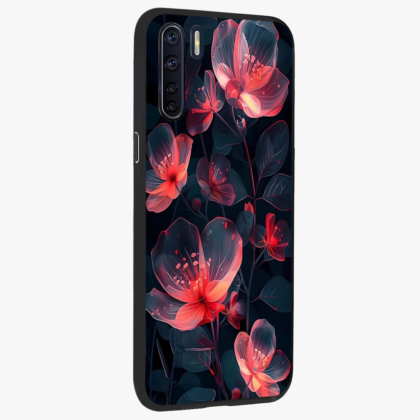 Dark Shade of Flower Glass Case upright view showcasing delicate flower artwork with rich dark floral theme.