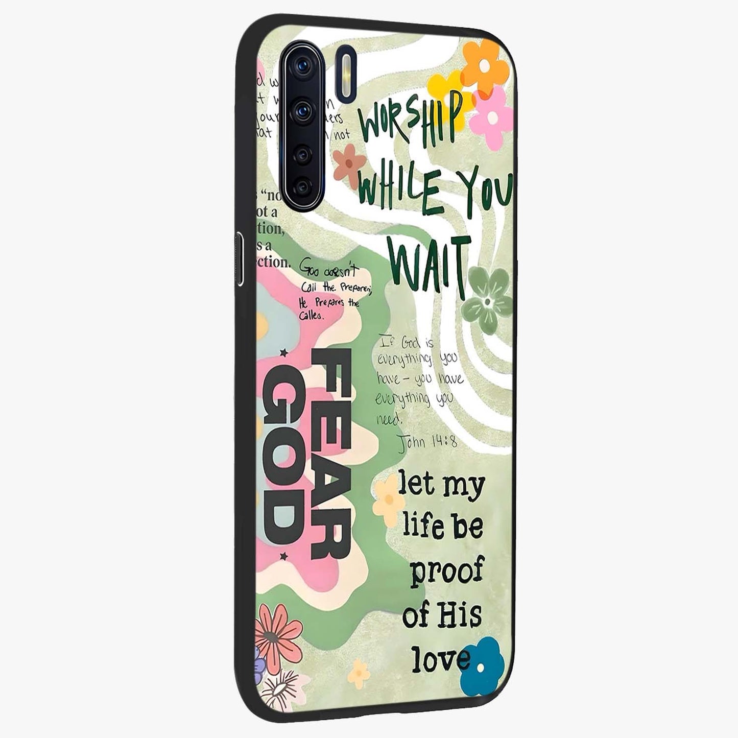 Faith Over Fear Glass Case upright view showcasing bold typography artwork with uplifting motivational theme.