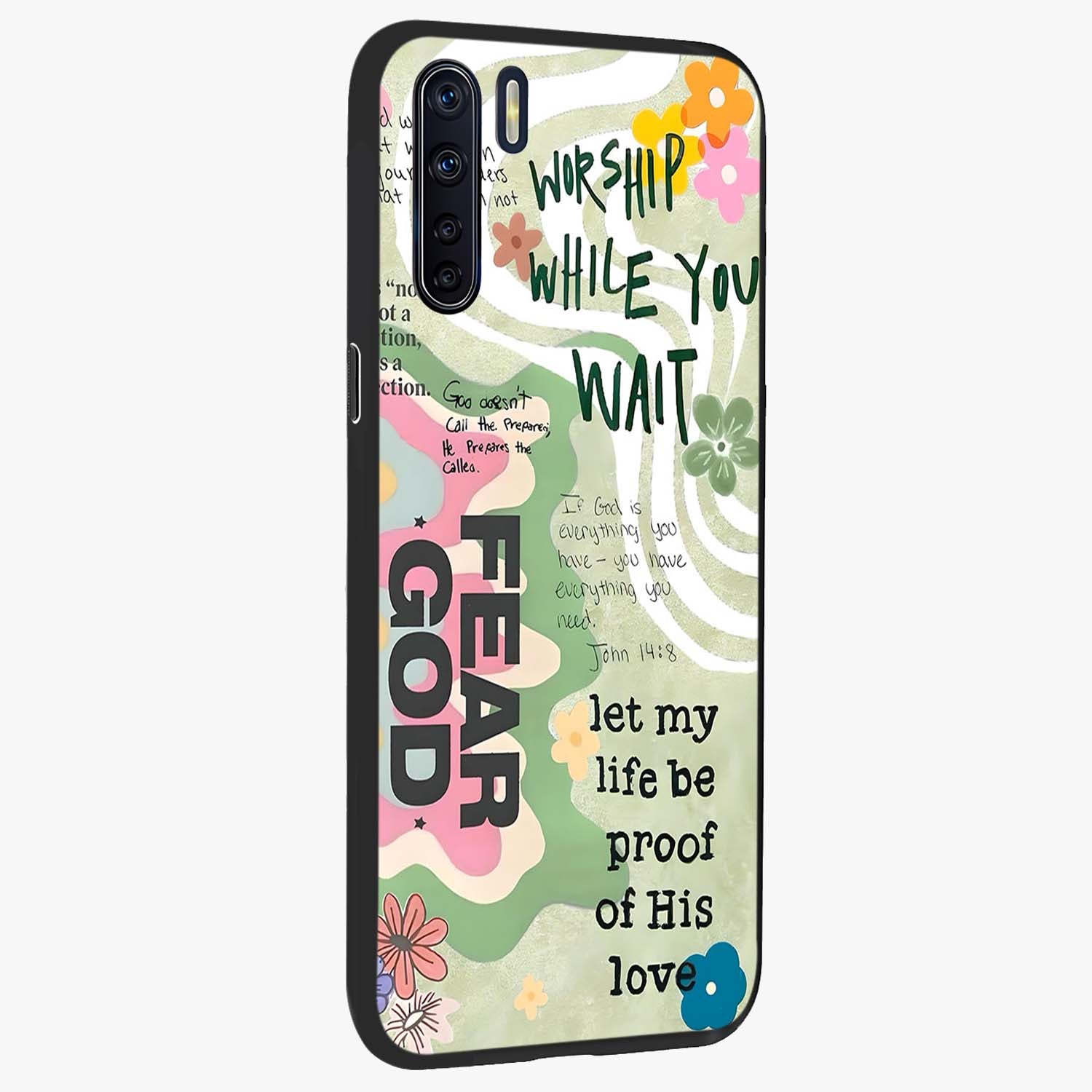 Faith Over Fear Glass Case upright view showcasing bold typography artwork with uplifting motivational theme.