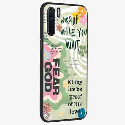 Faith Over Fear Glass Case upright view showcasing bold typography artwork with uplifting motivational theme.