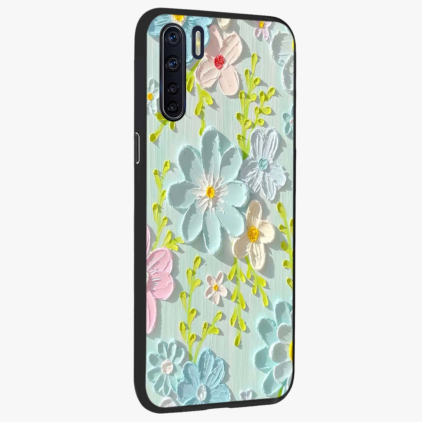 Frosted Petal Garden Glass Case upright view showcasing elegant floral garden artwork with soothing pastel theme.
