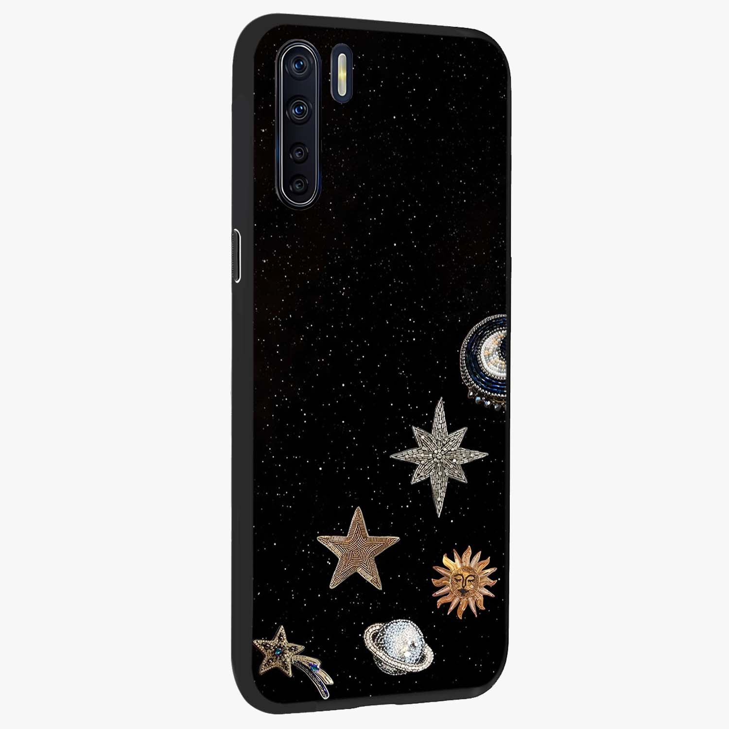 Galactic Charm Glow Glass Case upright view showcasing glowing cosmic charm artwork with magical celestial style.