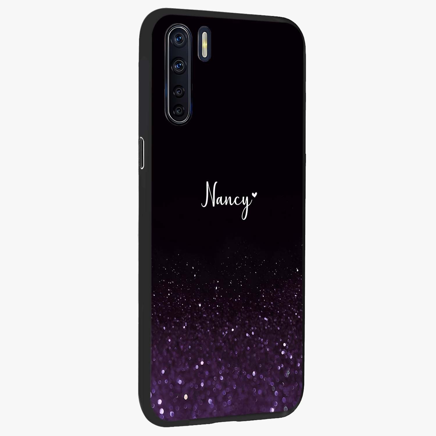 Glittery Purple Bokeh Custom Name Glass Case upright view showcasing vibrant purple sparkle artwork with personalized aesthetic style.