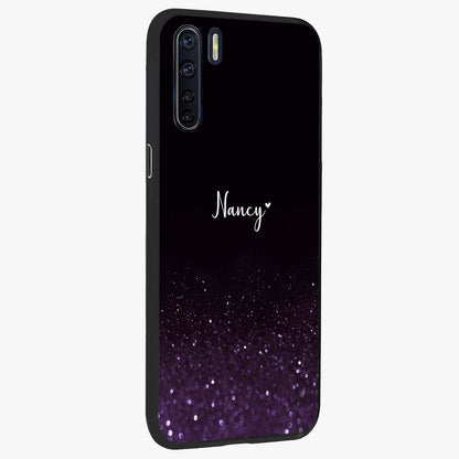 Glittery Purple Bokeh Custom Name Glass Case upright view showcasing vibrant purple sparkle artwork with personalized aesthetic style.
