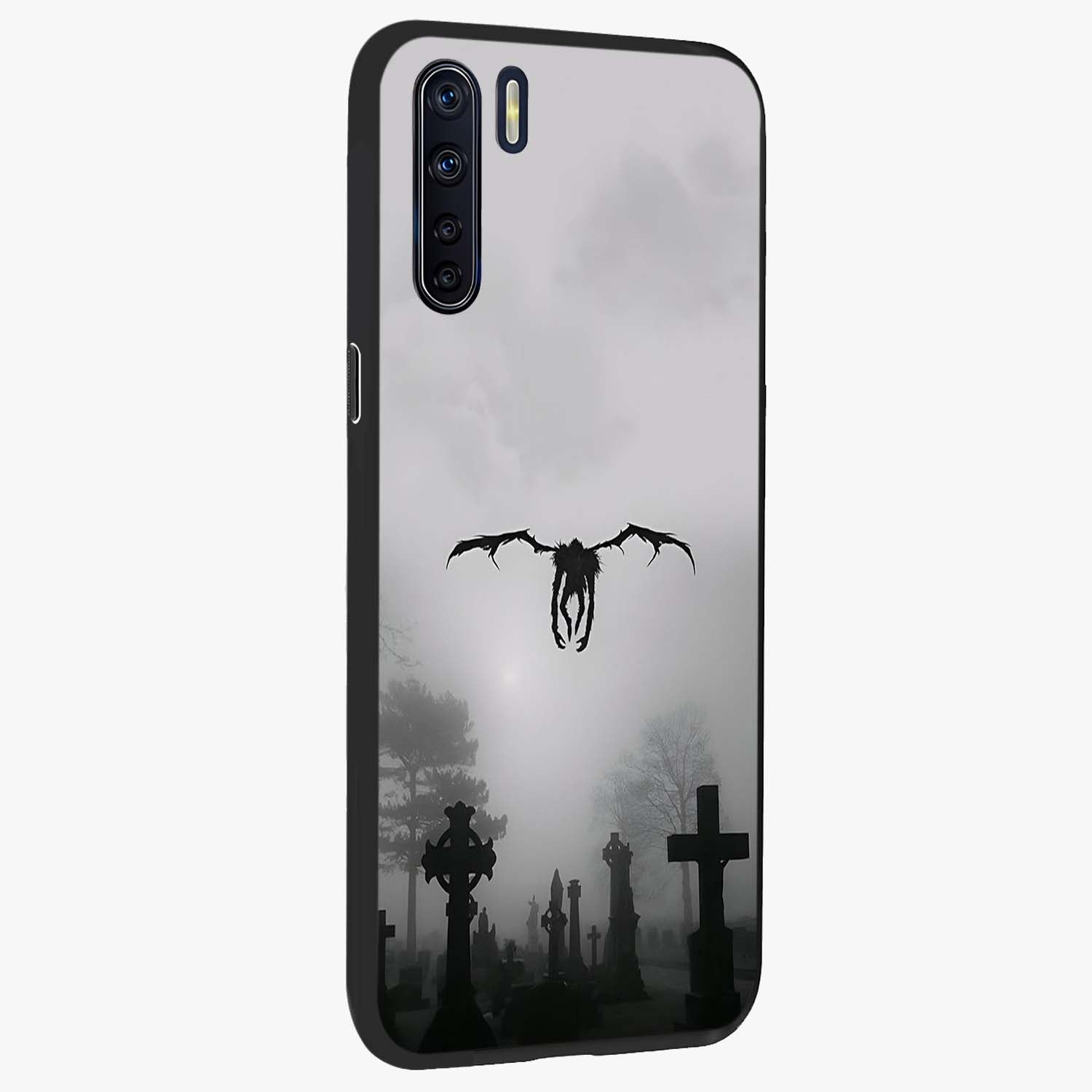 Graveyard Shadow Descent Glass Case upright view showcasing haunting graveyard artwork with dramatic dark theme.