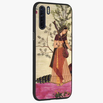 Lady With Veena Art Glass Case upright view showcasing classical veena artwork with traditional artistic theme.