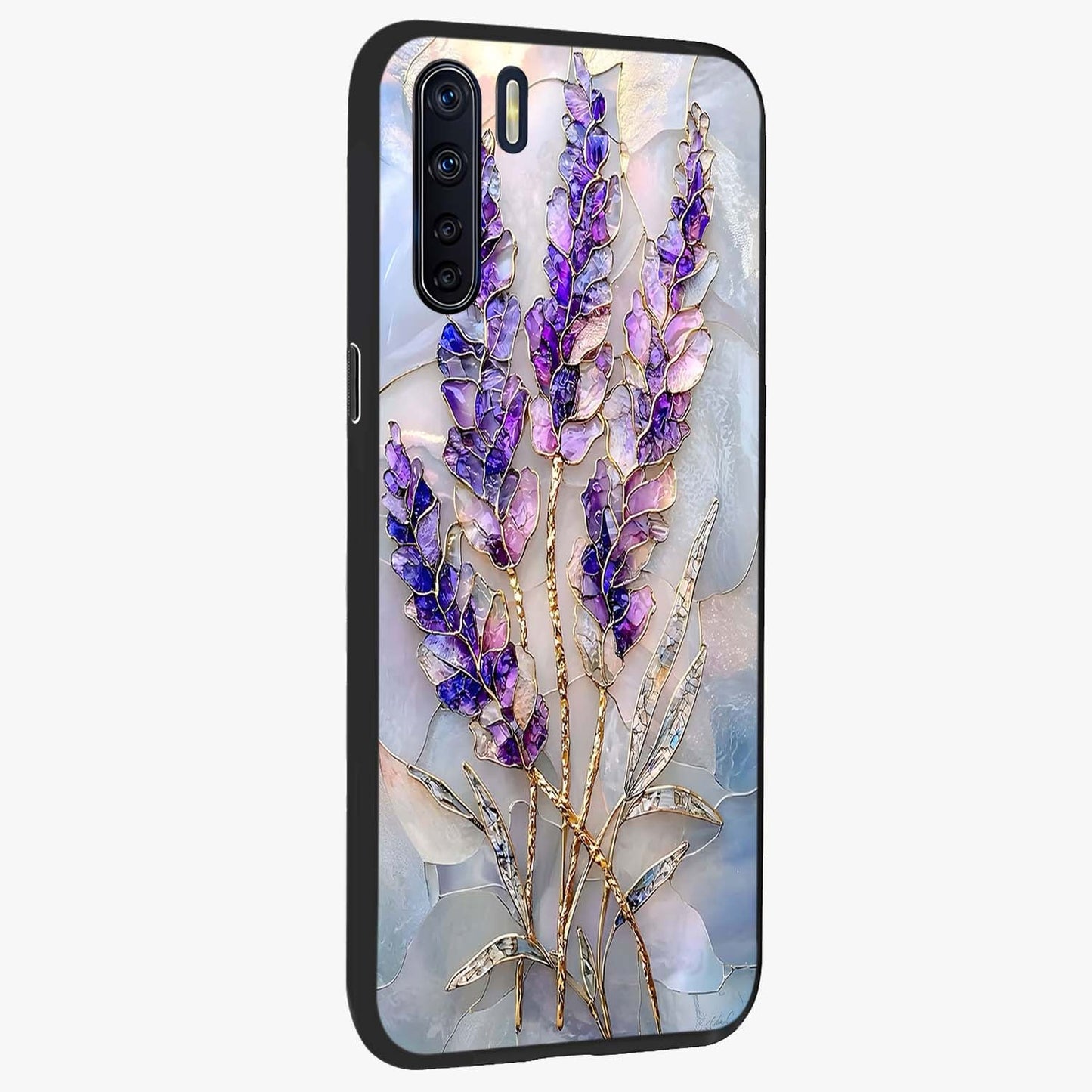Lavender Dream Glow Glass Case upright view showcasing radiant lavender glow artwork with calming dreamy theme.