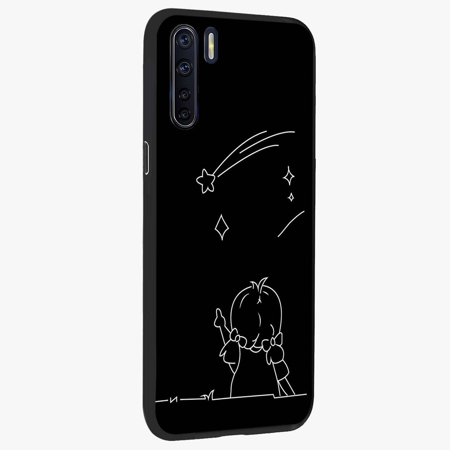 Line Art Girl With Shooting Stars Glass Case upright view showcasing delicate shooting stars artwork with minimal artistic theme.