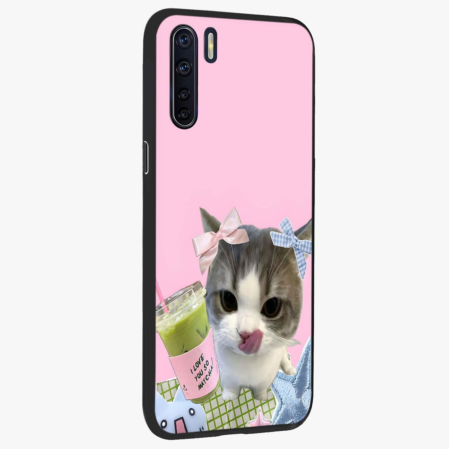 Love Matcha Cat Glass Case upright view showcasing adorable cat artwork with charming matcha themed design.