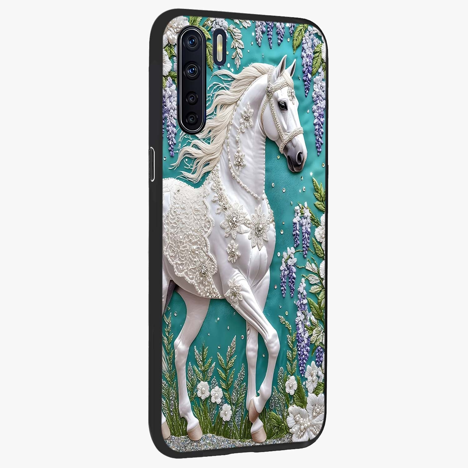 Majestic Floral Stallion Glass Case upright view showcasing dramatic horse artwork with decorative floral theme.