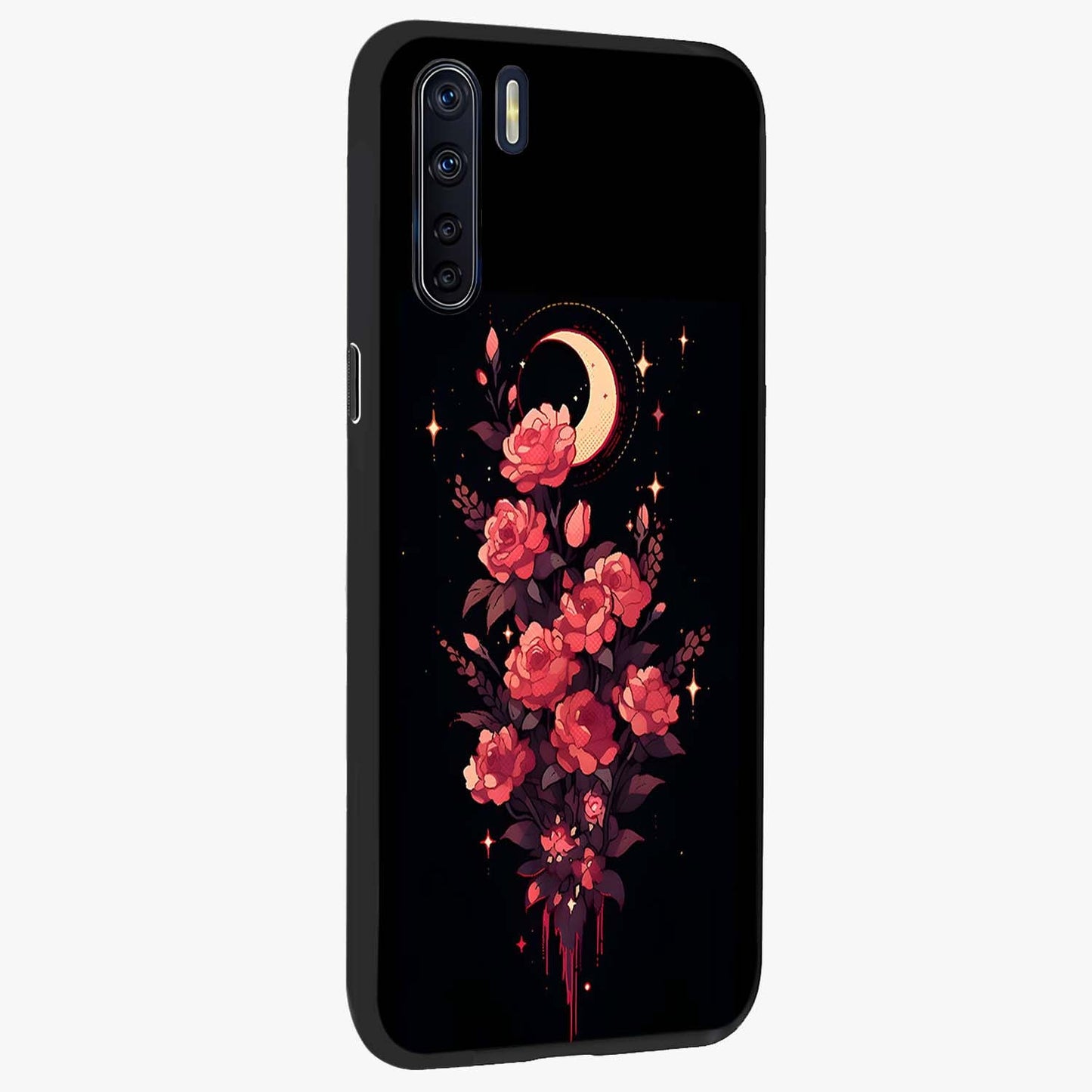 Moonlit Floral Elegance Glass Case upright view showcasing delicate floral artwork with refined night inspired theme.