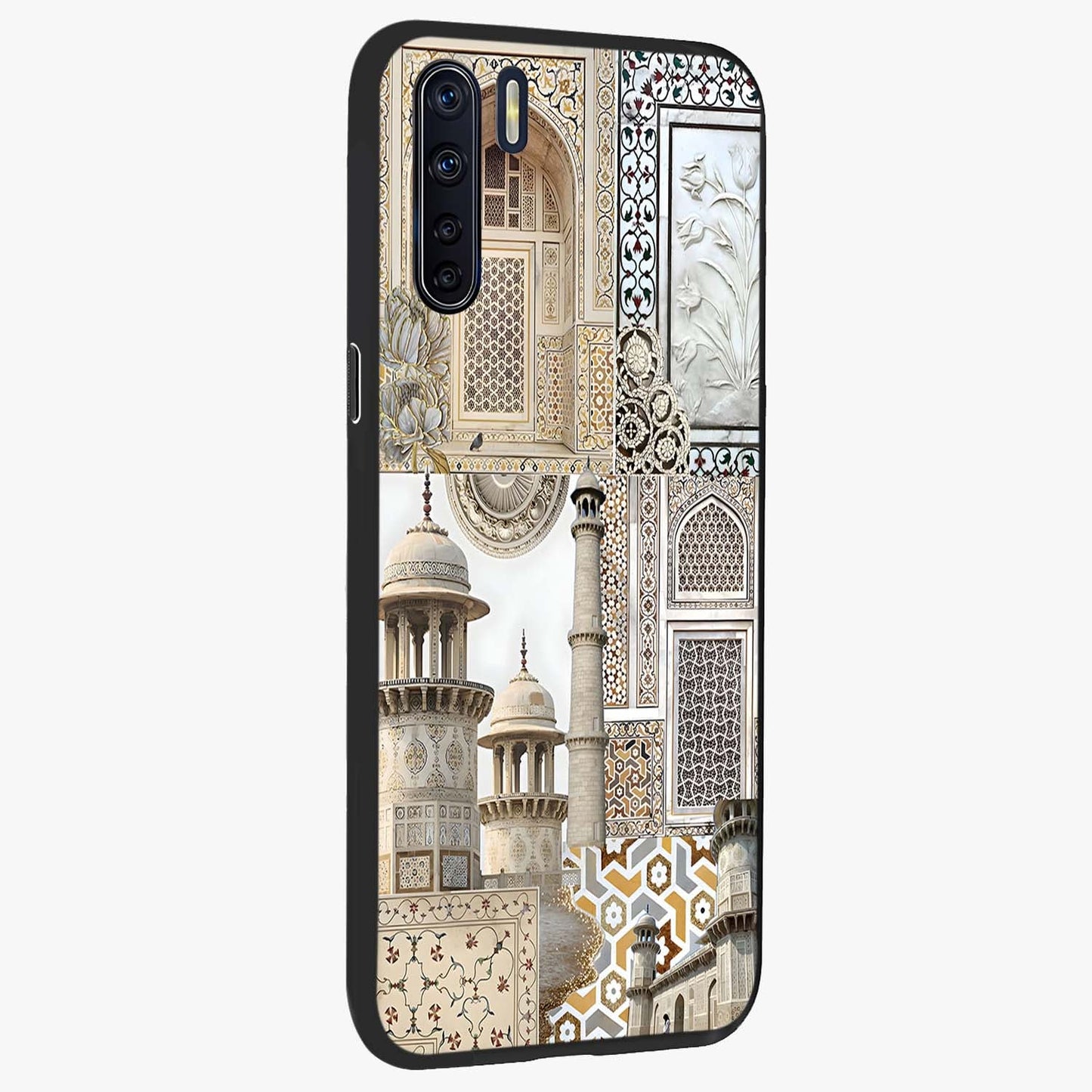 Mughal Marble Legacy Glass Case upright view showcasing ornate Mughal design with luxurious traditional theme.