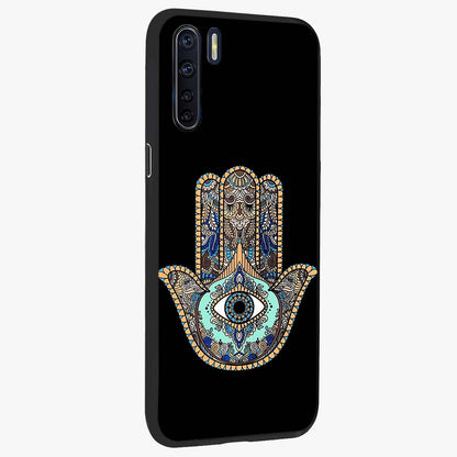 Mystic Hamsa Eye Glass Case upright view showcasing detailed hamsa eye artwork with protective spiritual theme.