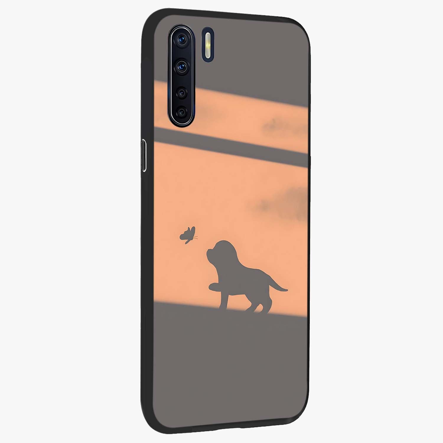 Puppy Shadow Art Glass Case upright view showcasing charming puppy artwork with creative silhouette theme.