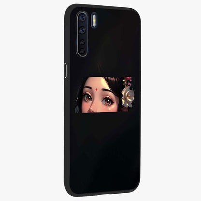 Radha Divine Embrace Glass Case upright view showcasing sacred Radha themed artwork with peaceful devotional style.