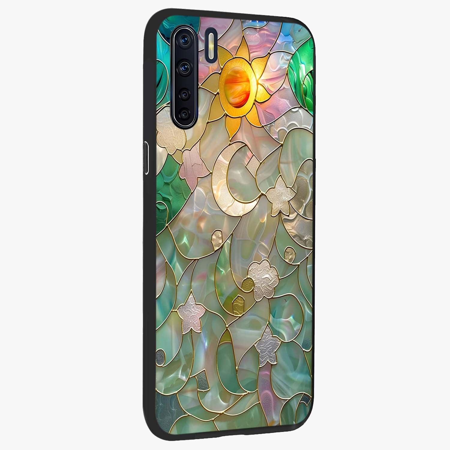 Stained Sunrise Glow Glass Case upright view showcasing colorful sunrise artwork with warm morning theme.