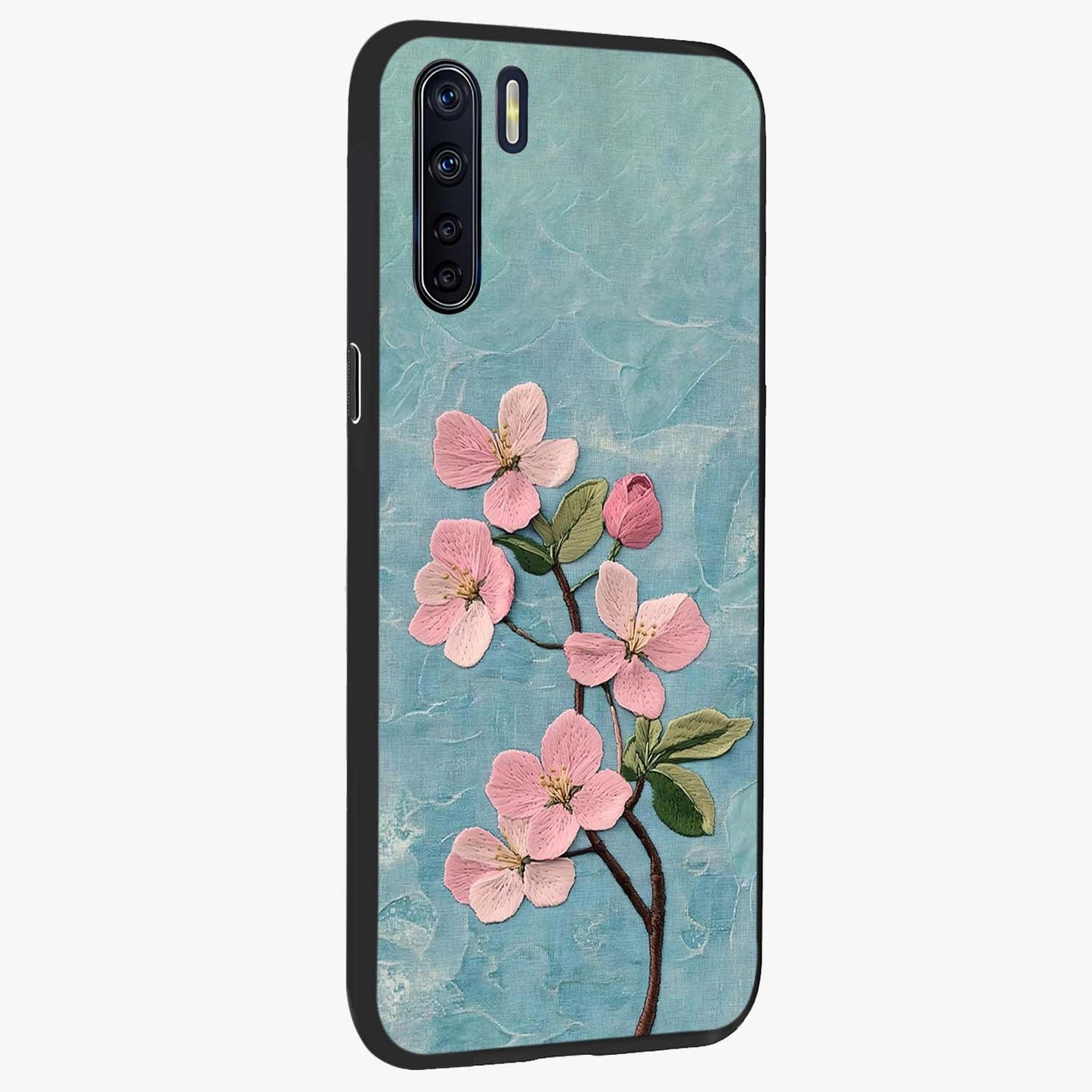 Threaded Blossom Breeze Glass Case upright view showcasing graceful flower artwork with calm botanical theme.