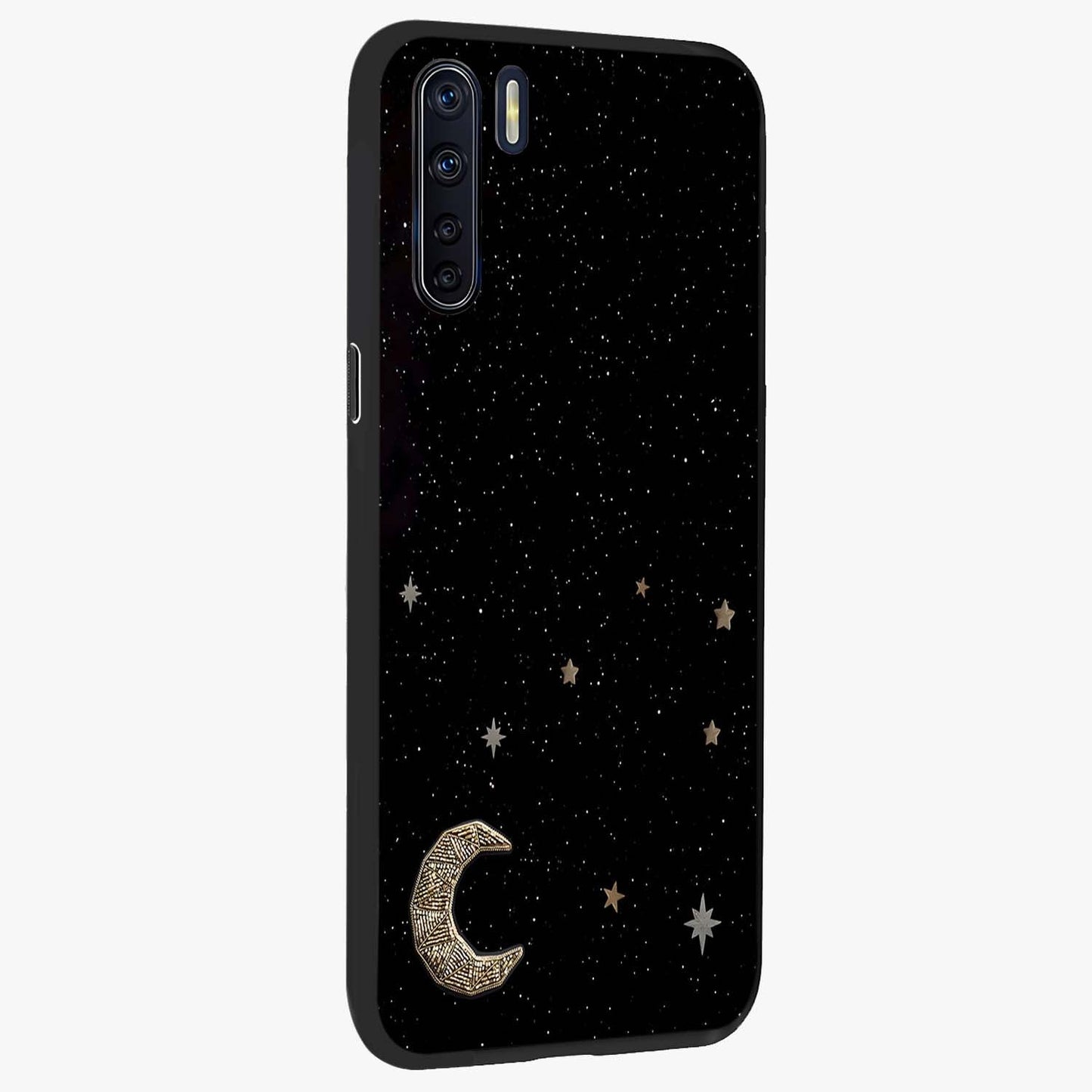 Twinkle Star With Half Moon Glass Case upright view showcasing glowing cosmic artwork with dreamy night theme.