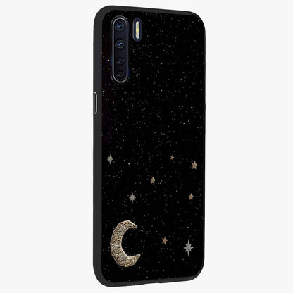 Twinkle Star With Half Moon Glass Case upright view showcasing glowing cosmic artwork with dreamy night theme.