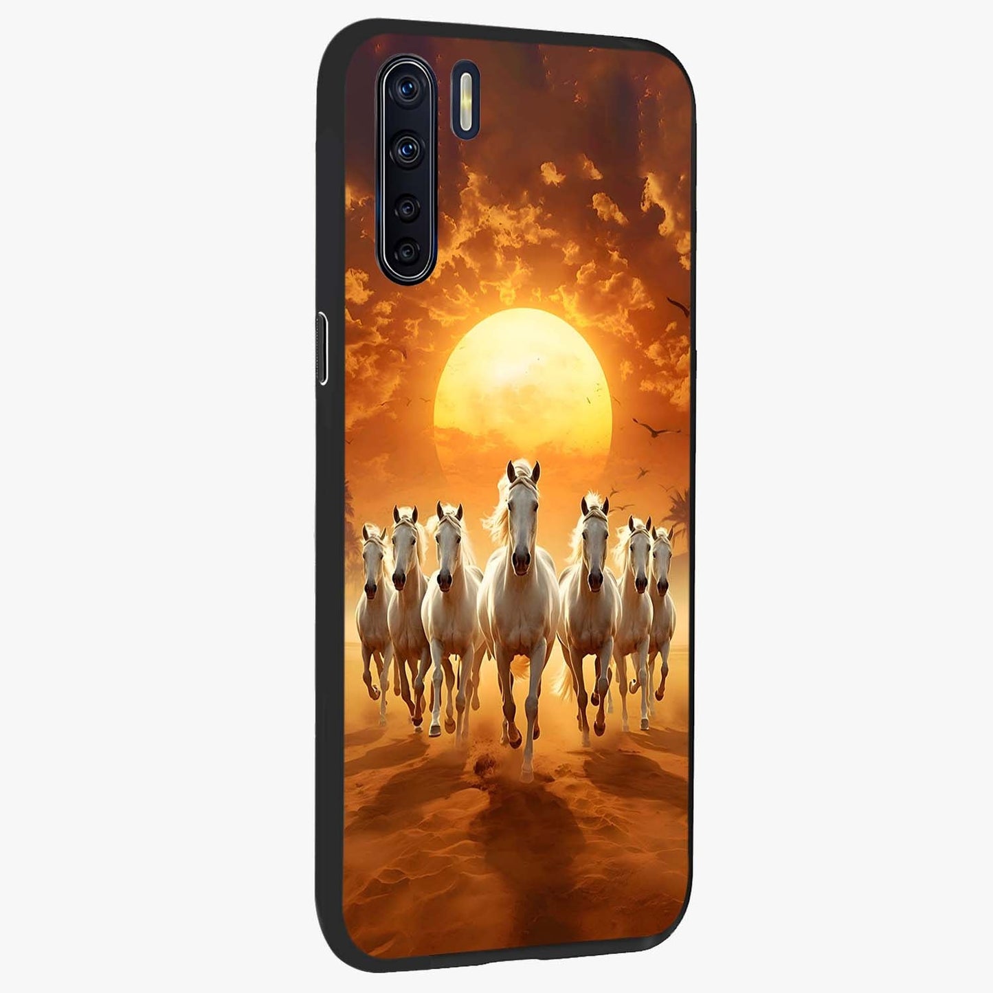 Wild Sunset Majesty Glass Case upright view showcasing dramatic sunset artwork with bold nature theme.