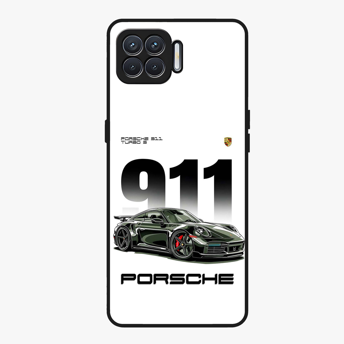911 Turbo Dominance Glass Case showing clean flat back view with bold 911 sports car artwork and glossy glass finish.