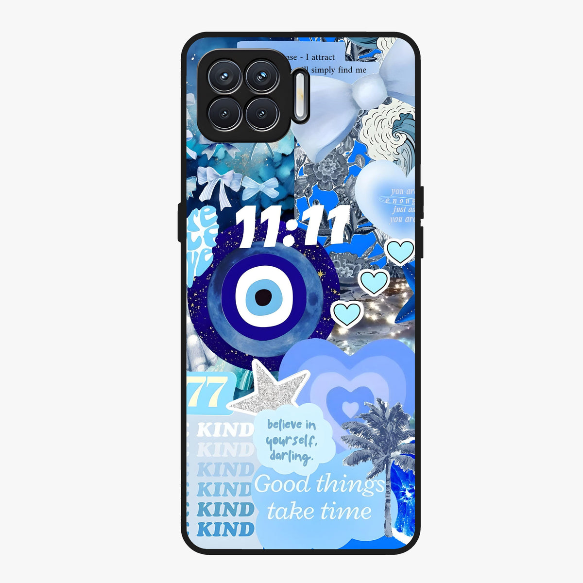 Aesthetic Be Kind Eye Glass Case showing flat back view with motivational eye artwork and glossy glass finish.