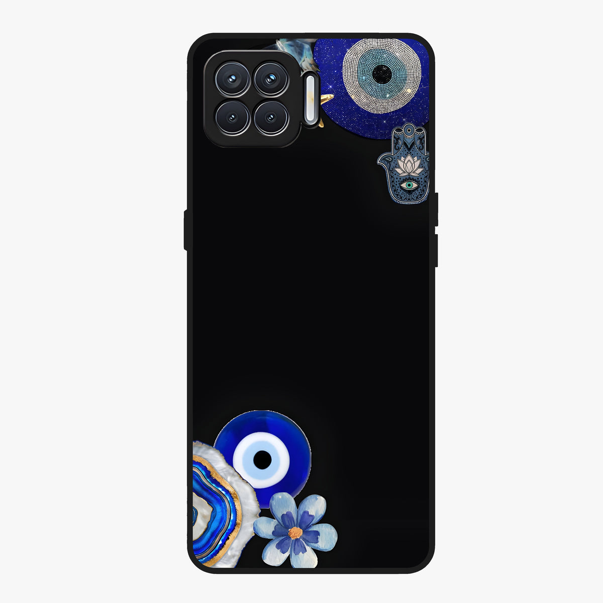Aesthetic Blue Evil Eye Glass Case showing flat back view with protective evil eye artwork and glossy glass finish.