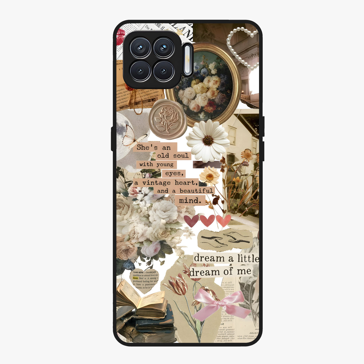 Aesthetic Brown Vintage Collage Glass Case showing flat back view with retro collage artwork and glossy glass finish.