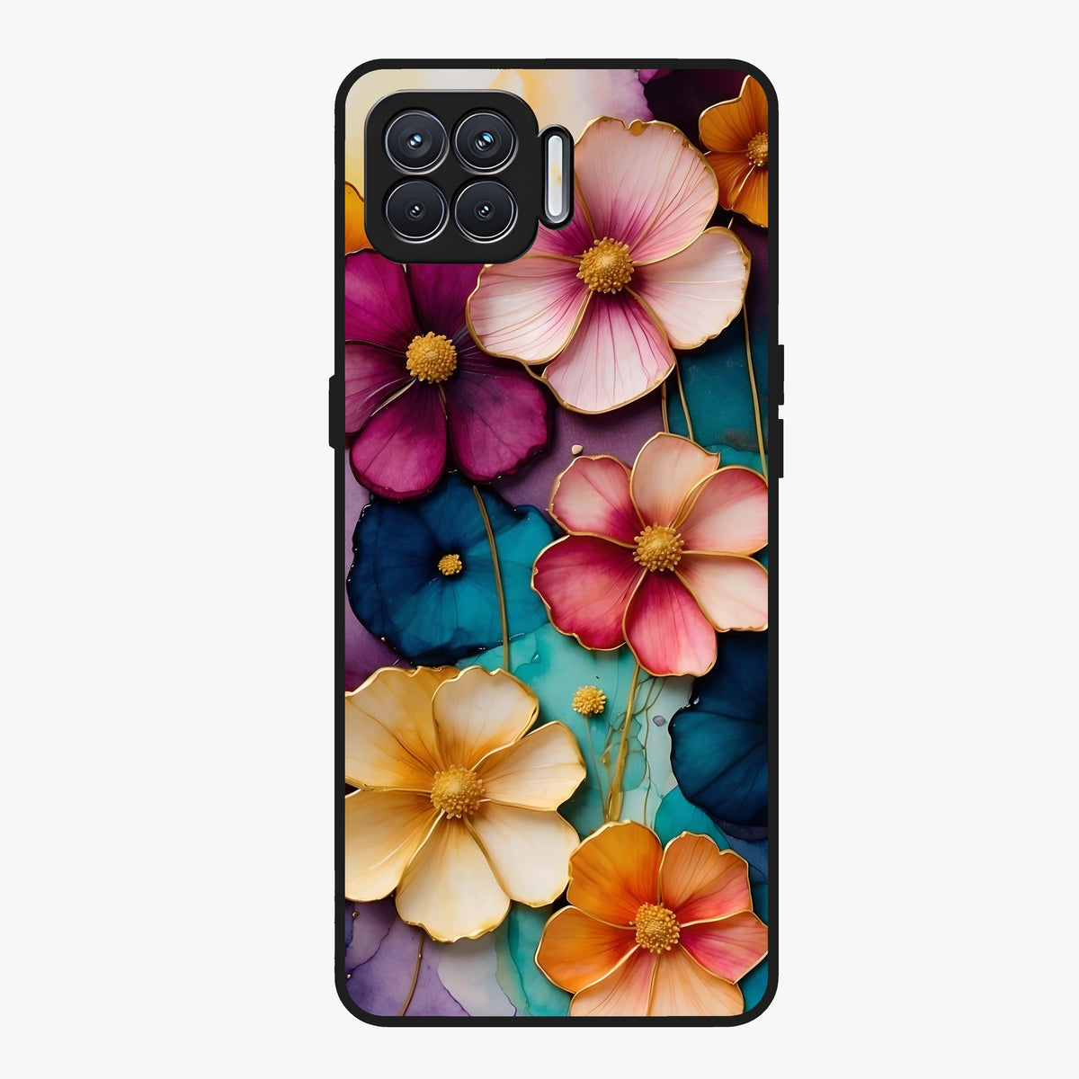 Artlyn Grace Flower Pattern Glass Case showing flat back view with elegant floral pattern artwork and glossy glass finish.