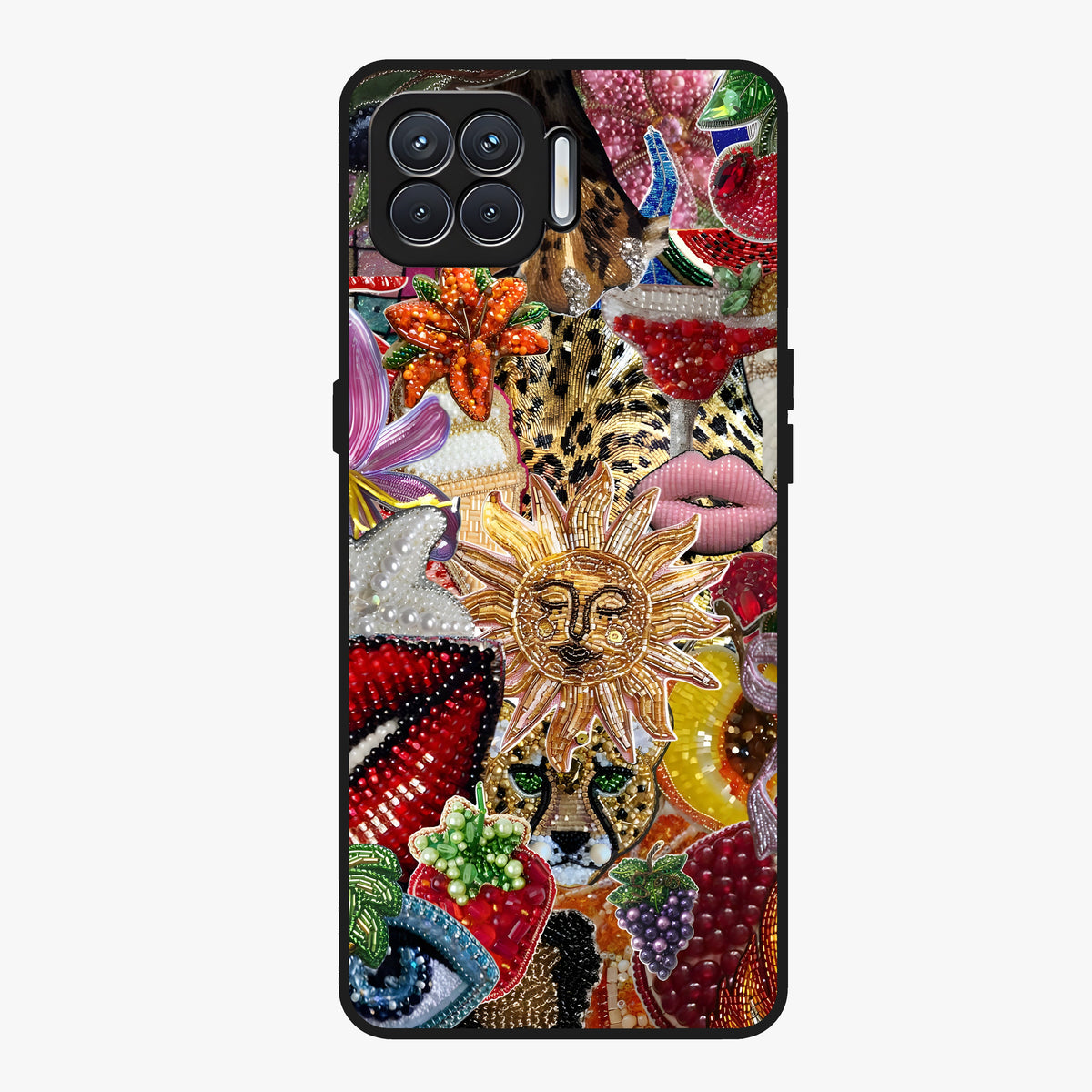Beaded Fashion Jungle Glass Case showing flat back view with vibrant jungle inspired bead artwork and glossy glass finish.
