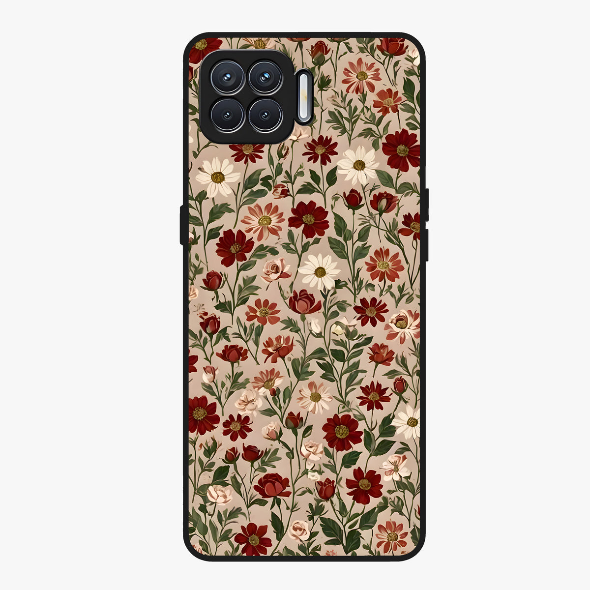 Biege Flower With Leaf Glass Case showing flat back view with soft beige floral artwork and glossy glass finish.