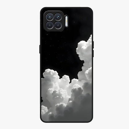 Black Background With White Cloud Glass Case showing flat back view with minimal cloud artwork on dark background and glossy glass finish.
