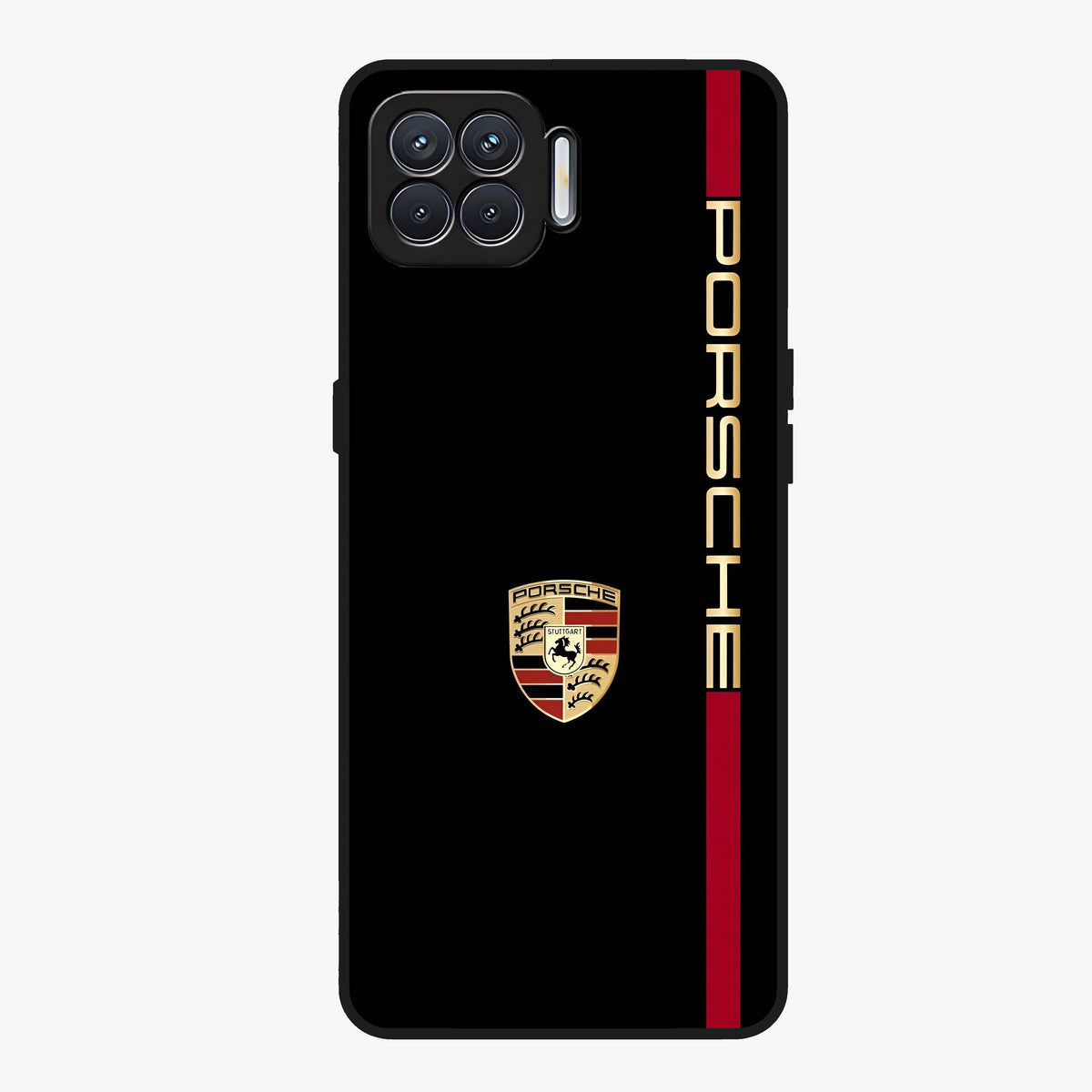 Black Minimal Porsche Glass Case showing flat back view with sleek minimal sports car artwork and glossy glass finish.