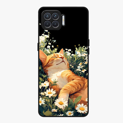 Blissful Bloom Cat Glass Case showing flat back view with cute cat and floral bloom artwork and glossy glass finish.