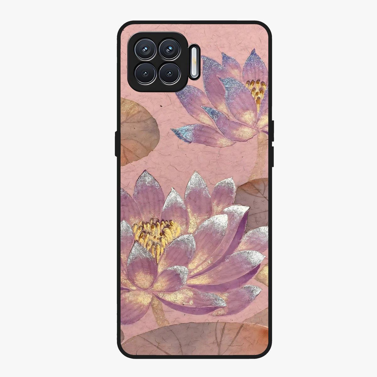 Blossom Mist Lotus Glass Case showing flat back view with serene lotus blossom artwork and glossy glass finish.