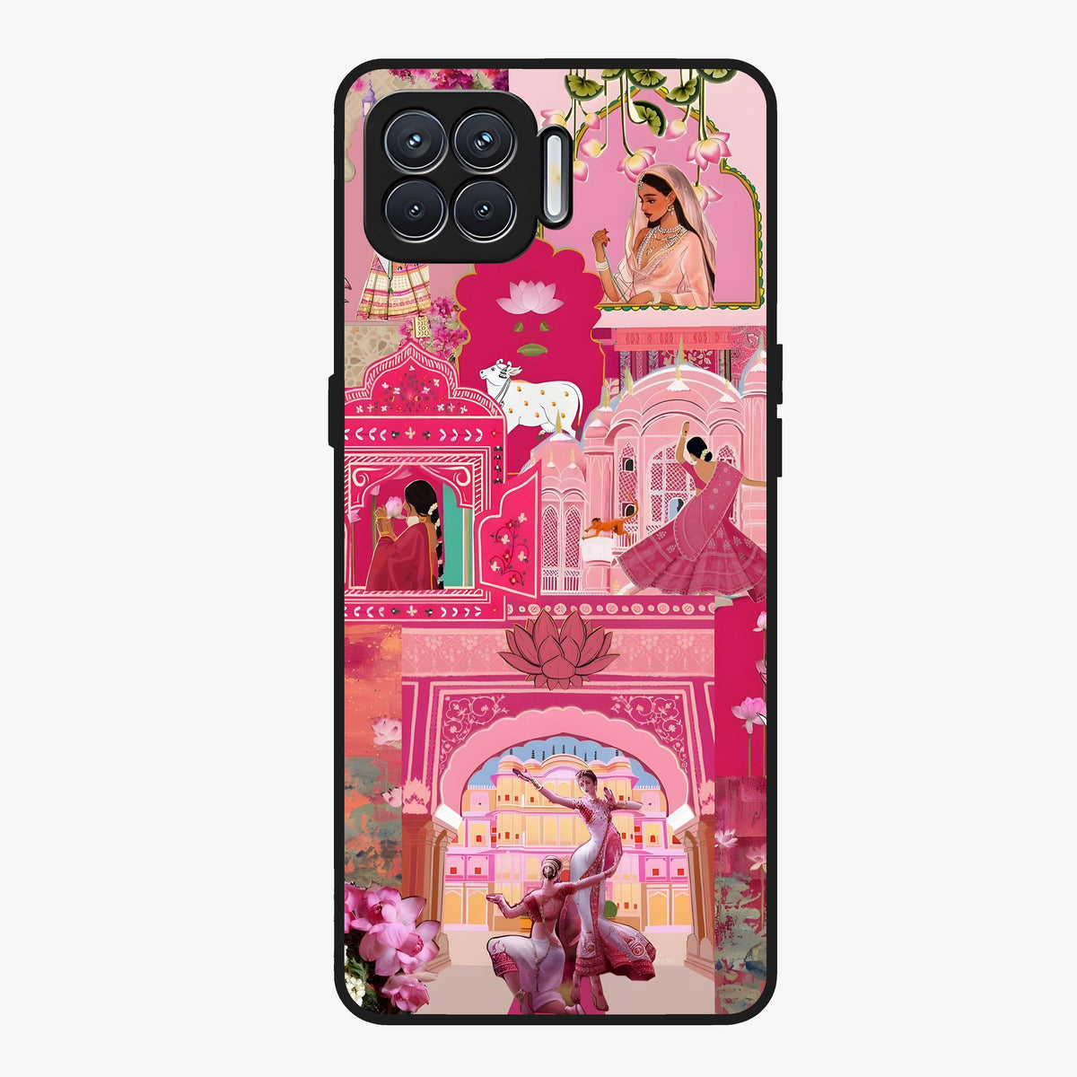 Blossoms of Rajasthan Glass Case showing flat back view with traditional floral artwork inspired by Rajasthan and glossy glass finish.
