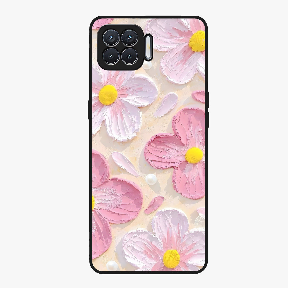 Blush Bloom Texture Glass Case showing flat back view with soft blush floral texture artwork and glossy glass finish.