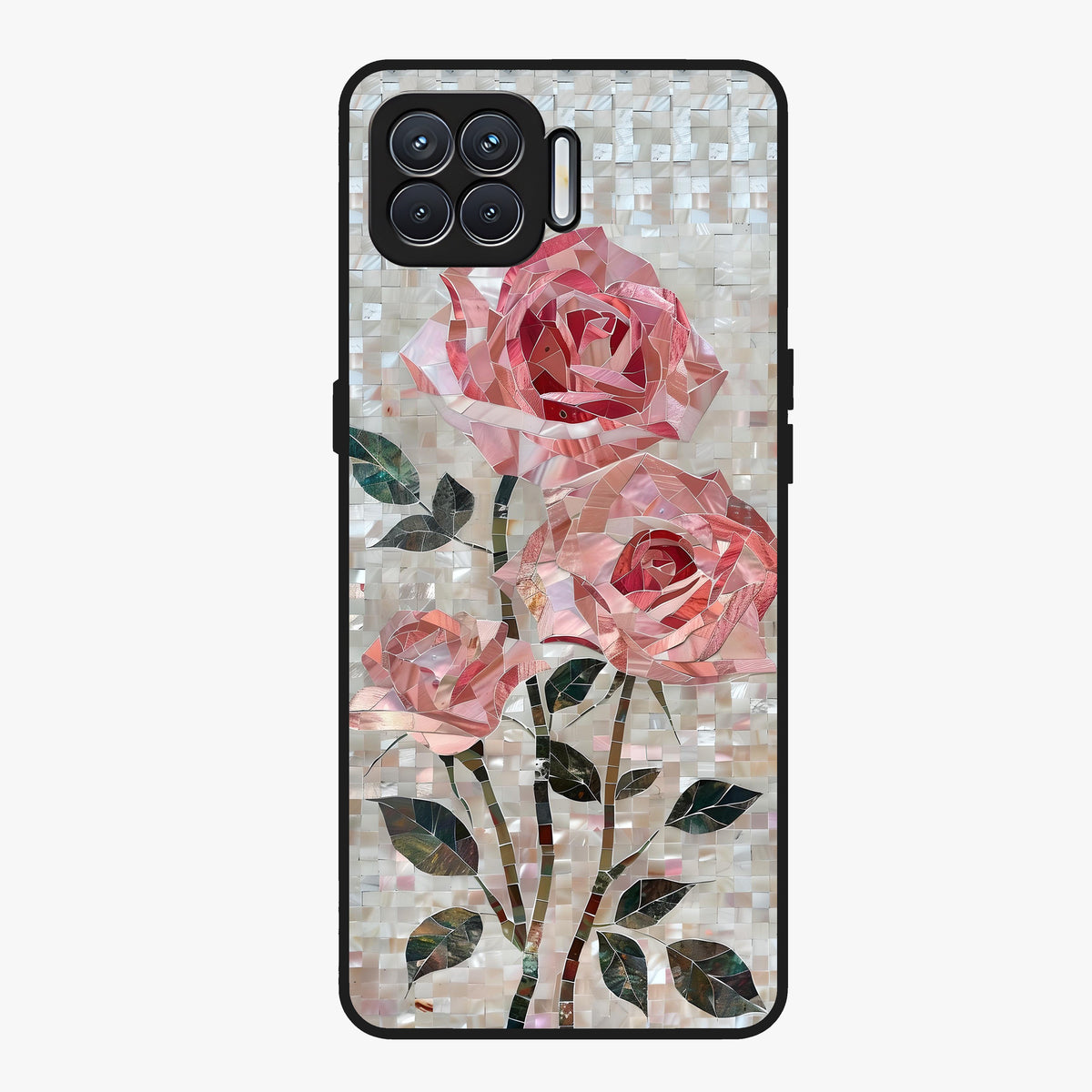 Blush Mosaic Bloom Glass Case showing flat back view with mosaic floral bloom artwork and glossy glass finish.