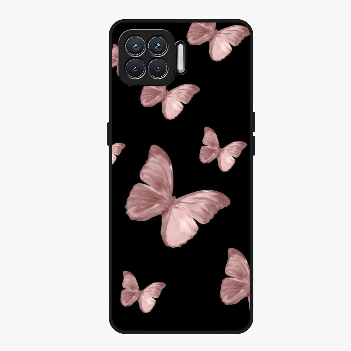 Butterfly Pattern Glass Case showing flat back view with elegant butterfly pattern artwork and glossy glass finish.