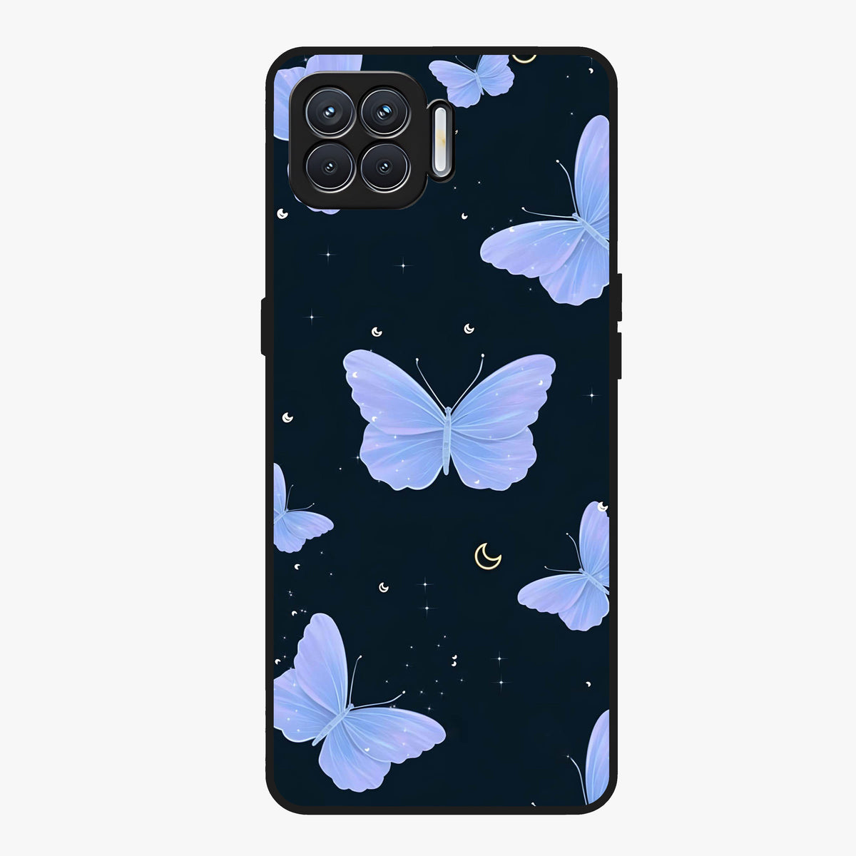 Butterfly With Stars Pattern Glass Case showing flat back view with butterfly and star pattern artwork and glossy glass finish.