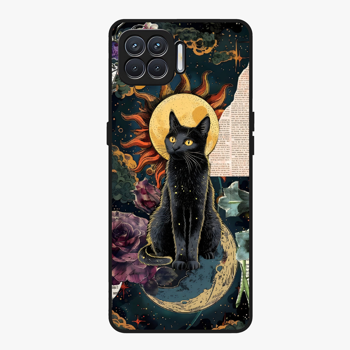 Celestial Black Cat Glass Case showing flat back view with mystical black cat artwork and glossy glass finish.