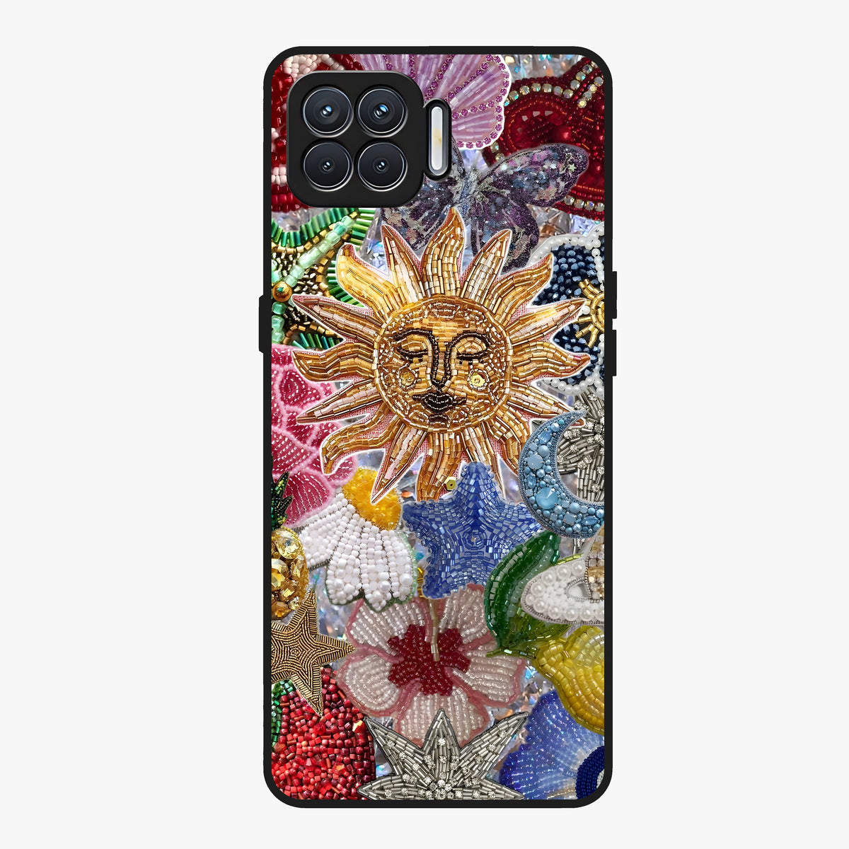 Celestial Floral and Playful Glass Case showing flat back view with floral and celestial themed artwork and glossy glass finish.