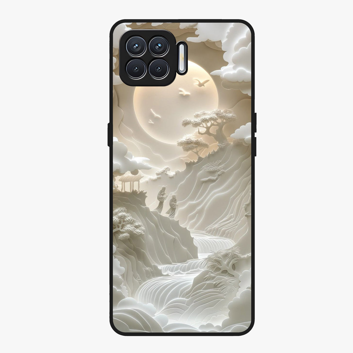 Celestial Origami Glass Case showing flat back view with artistic origami inspired celestial artwork and glossy glass finish.